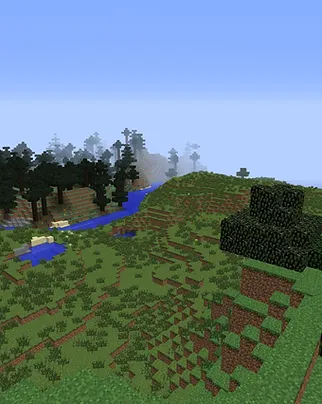 Looking down at a river and spruce forest from the top of a hill in Minecraft